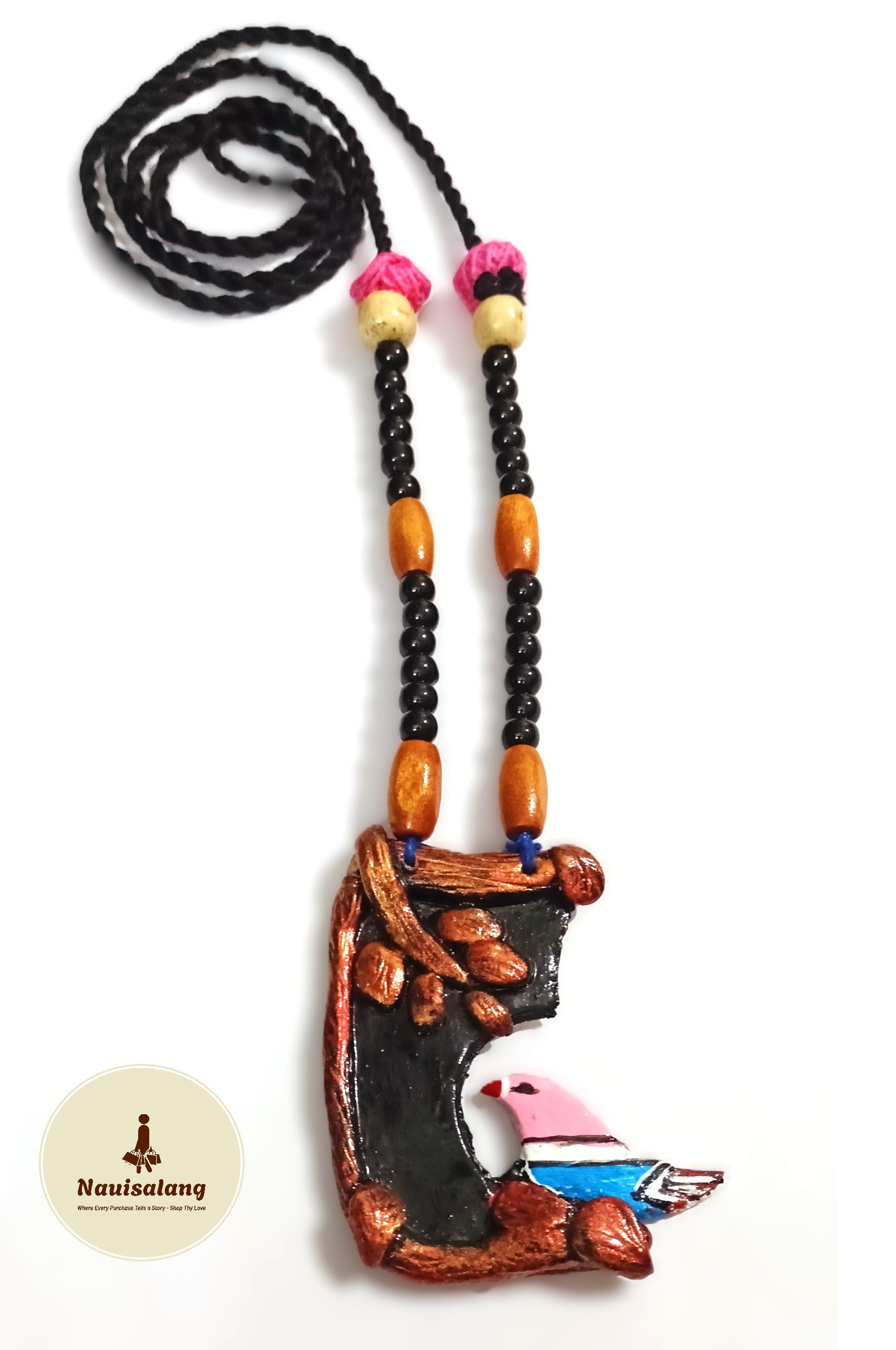 Nature's Embrace: Wooden Branch Necklace with Pink and Sky-Blue Birds and Earrings