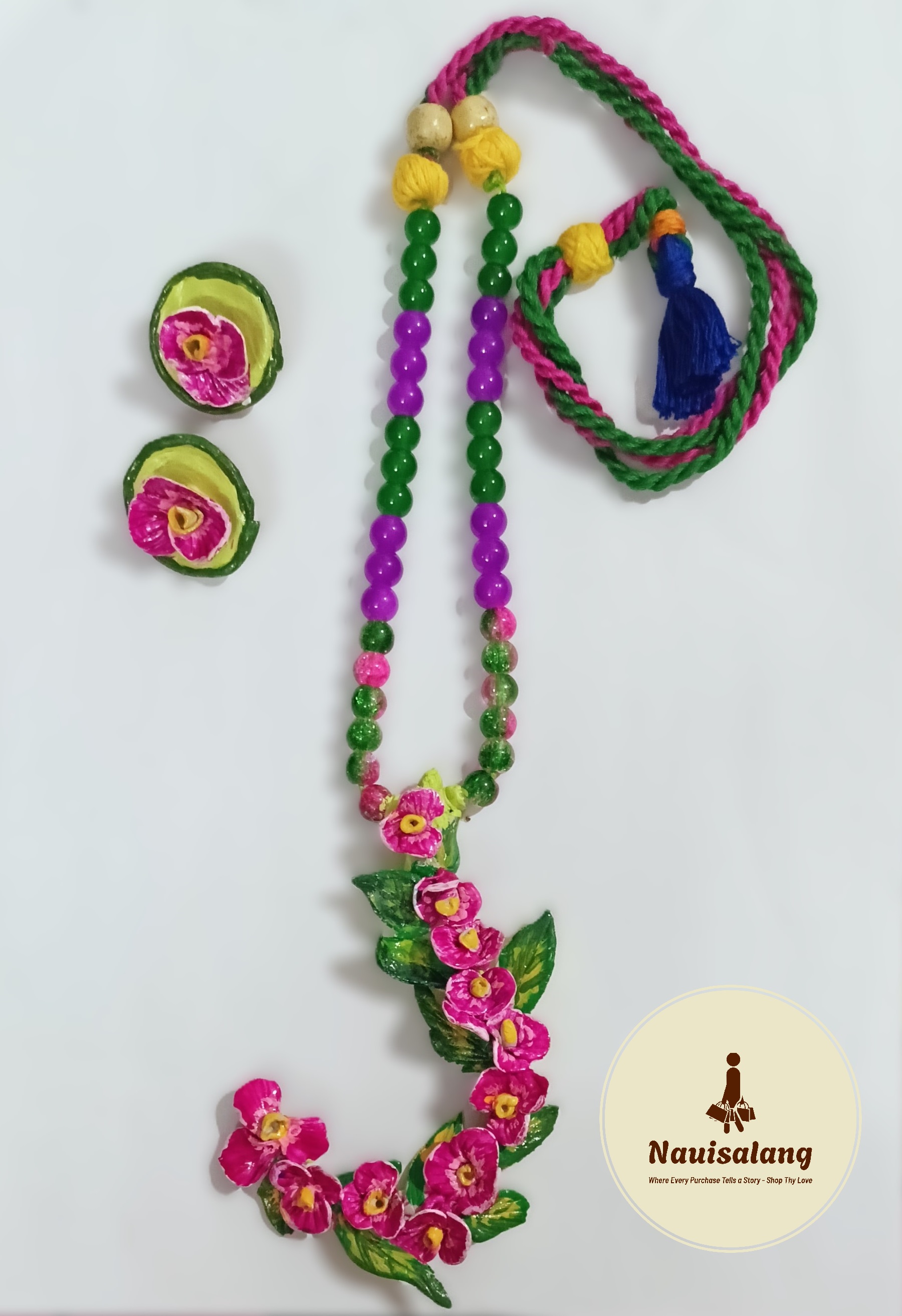 Handmade Pink Floral Necklace with Green & Purple Beads and Matching Earrings